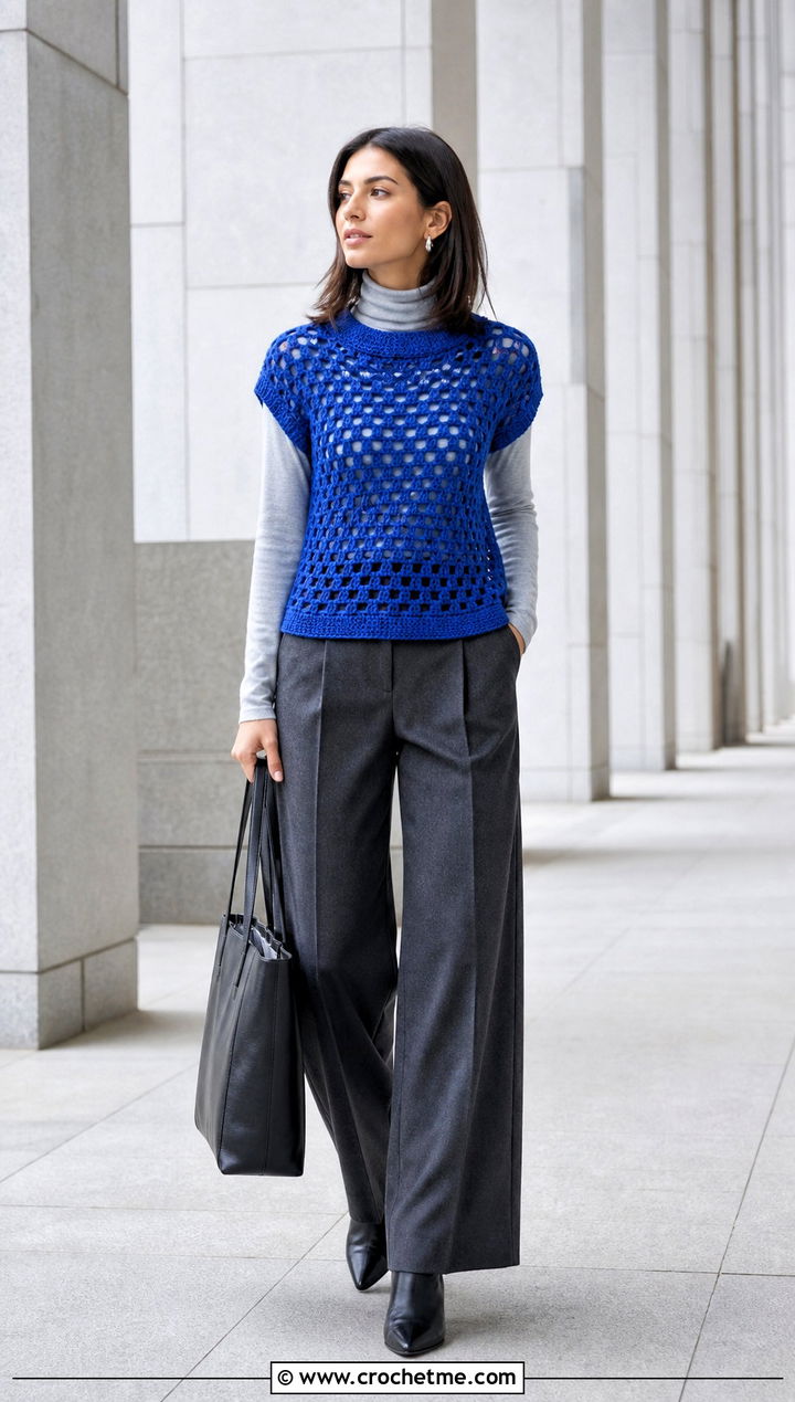 Neith Top Over a Turtleneck With Wide Leg Pants - 30 crochet neith top outfit ideas