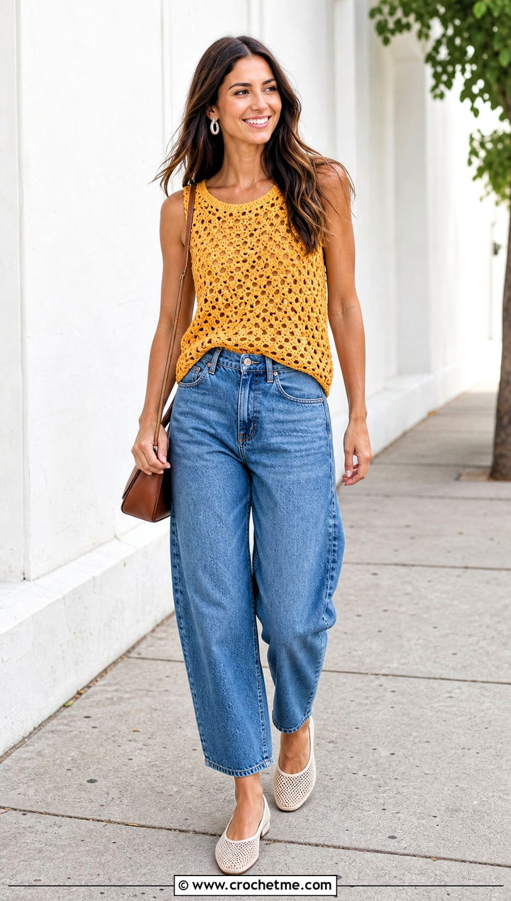 Neith Top With Barrel Jeans and Mesh Flats - 30 crochet neith top outfit ideas