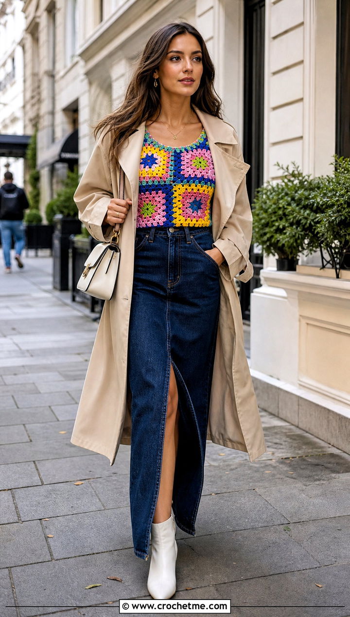 Neith Top With Denim Maxi Skirt and Trench Coat - 30 crochet neith top outfit ideas