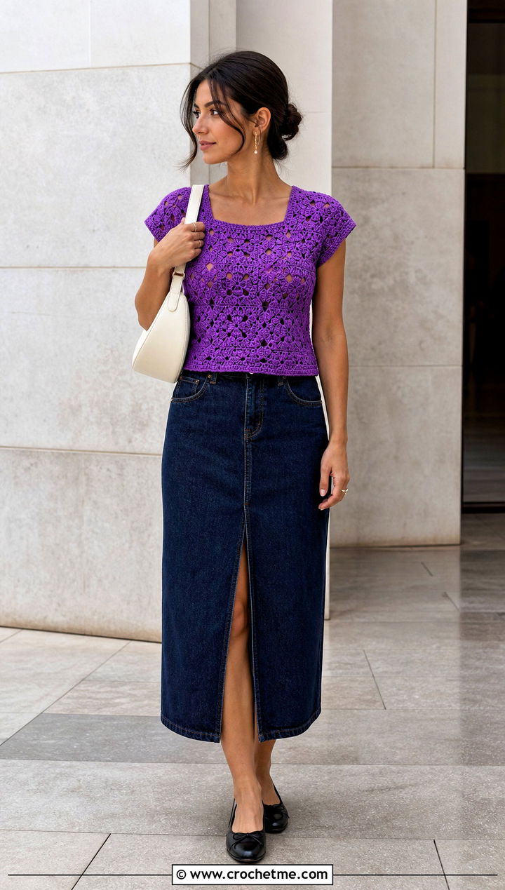 Neith Top With Denim Midi Skirt and Ballet Flats - 30 crochet neith top outfit ideas
