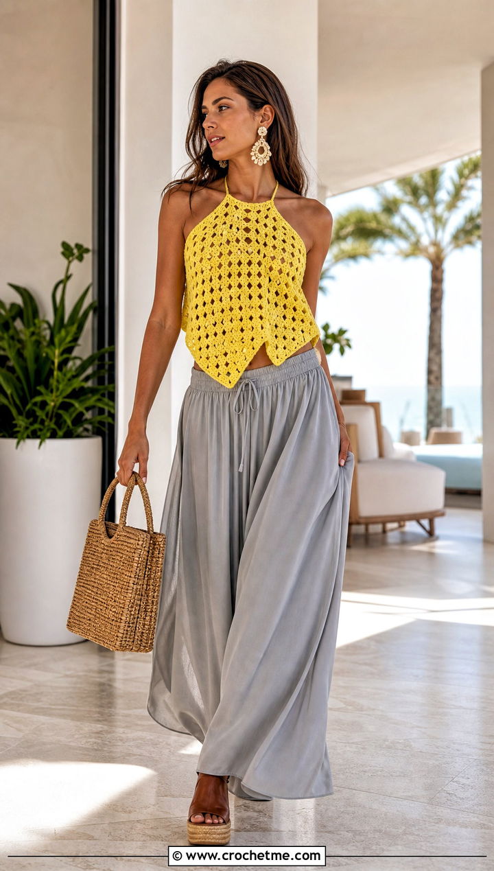 Neith Top With Palazzo Pants and Wedge Sandals - 30 crochet neith top outfit ideas