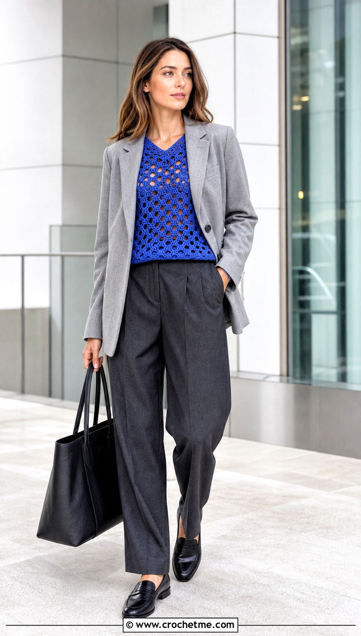 Neith Top With Tailored Trousers and Blazer - 30 crochet neith top outfit ideas