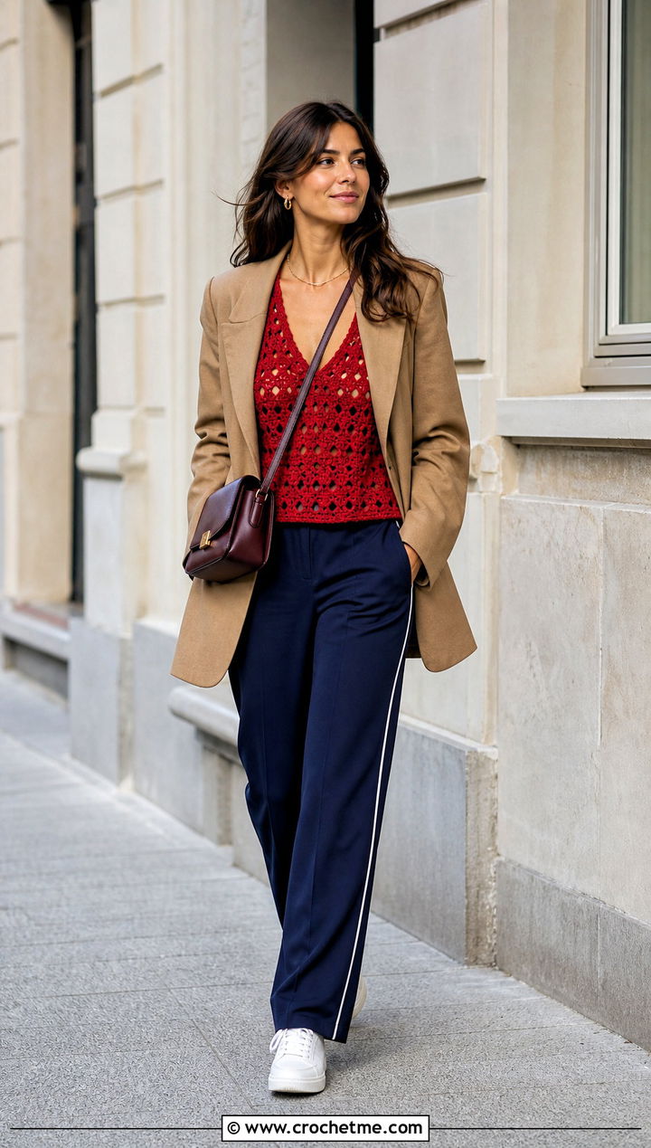 Neith Top With Track Pants and Oversized Blazer - 30 crochet neith top outfit ideas