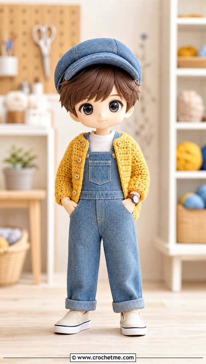 Nendoroid Crochet Cardigan With Denim Overalls - 15 Nendoroid Crochet Clothes and outfit ideas