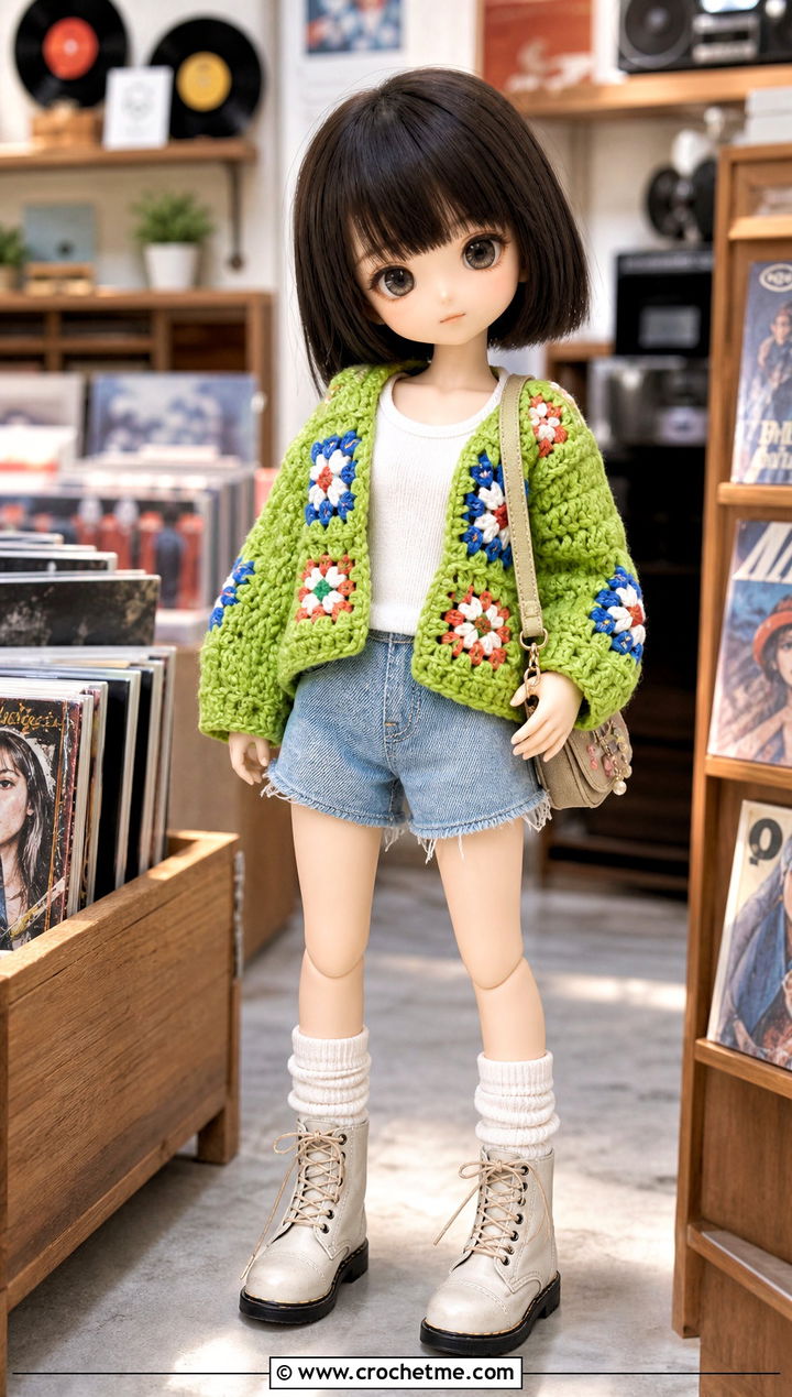 Nendoroid Granny Square Crochet Jacket With Denim Shorts - 15 Nendoroid Crochet Clothes and outfit ideas