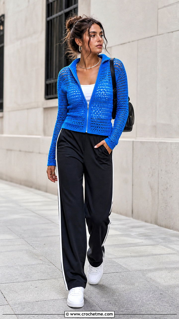 Neon Blue Zip Up Crochet Sweater With Track Pants - 35 blue crochet sweater outfit ideas