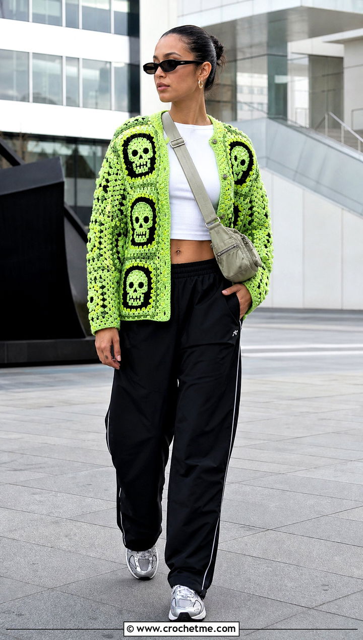 Neon Crochet Skull Granny Square Cardigan With Track Pants - 25 crochet skull granny square cardigan outfit ideas