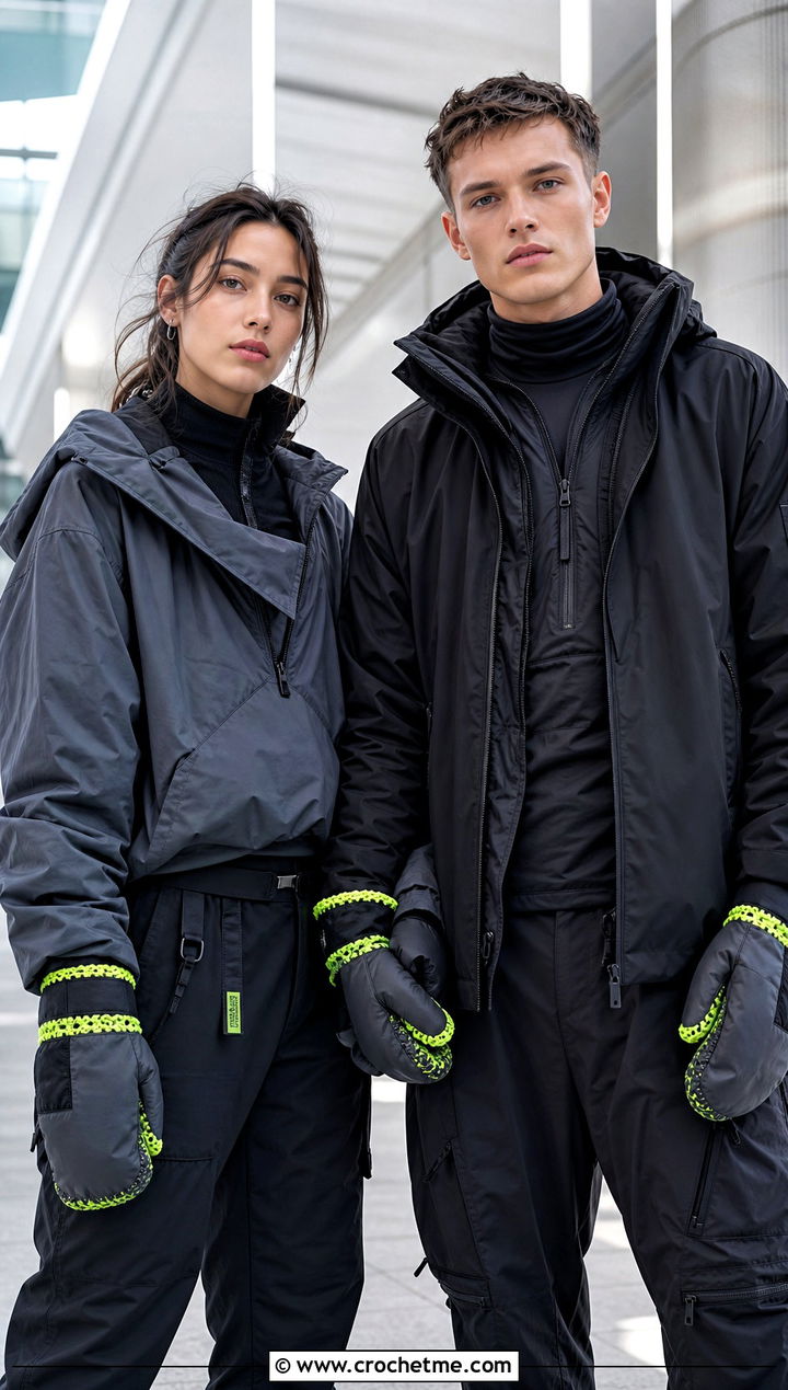Neon Edge Couple Mittens With Techwear - 25 crochet couple mittens outfit ideas