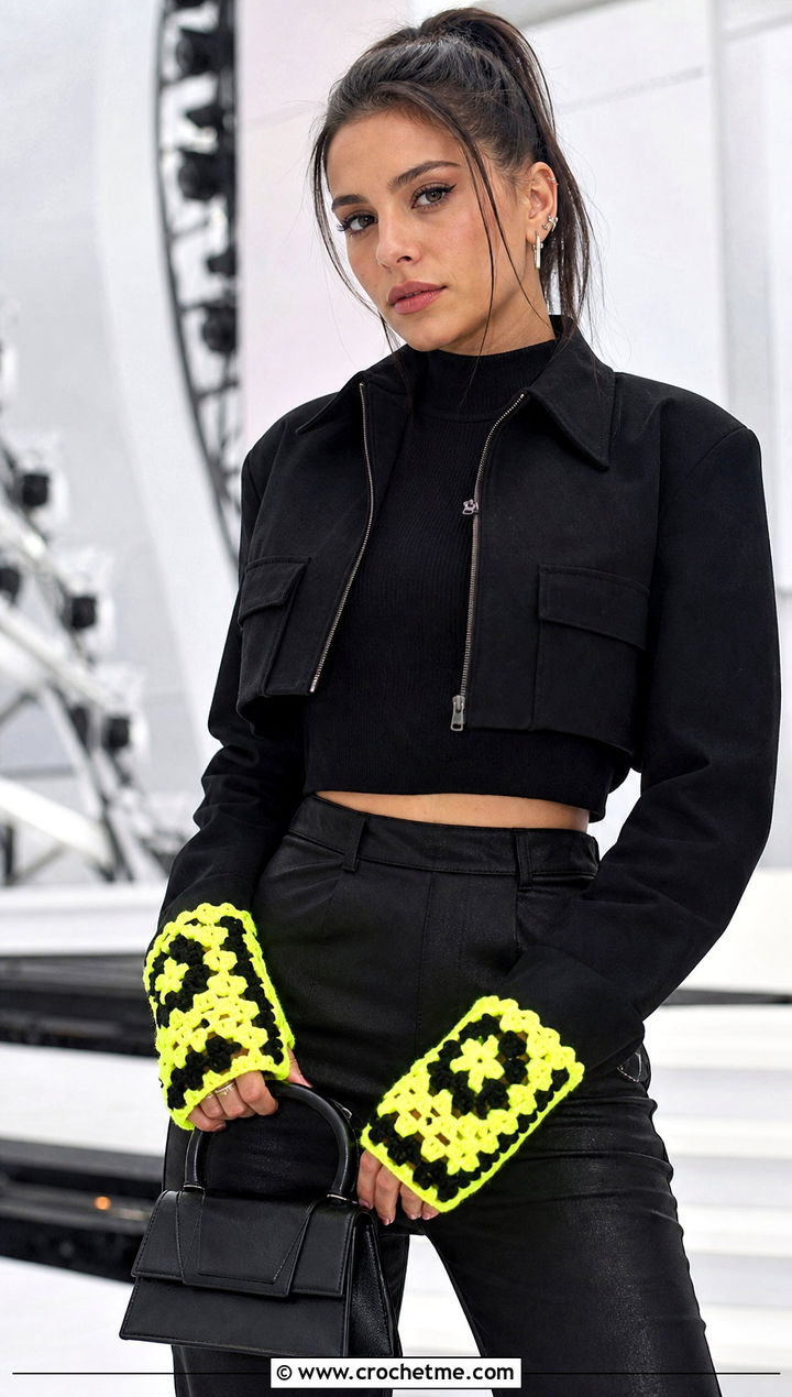 Neon Edge Granny Square Fingerless Gloves With Black Outfit - 30 crochet granny square fingerless gloves outfit ideas