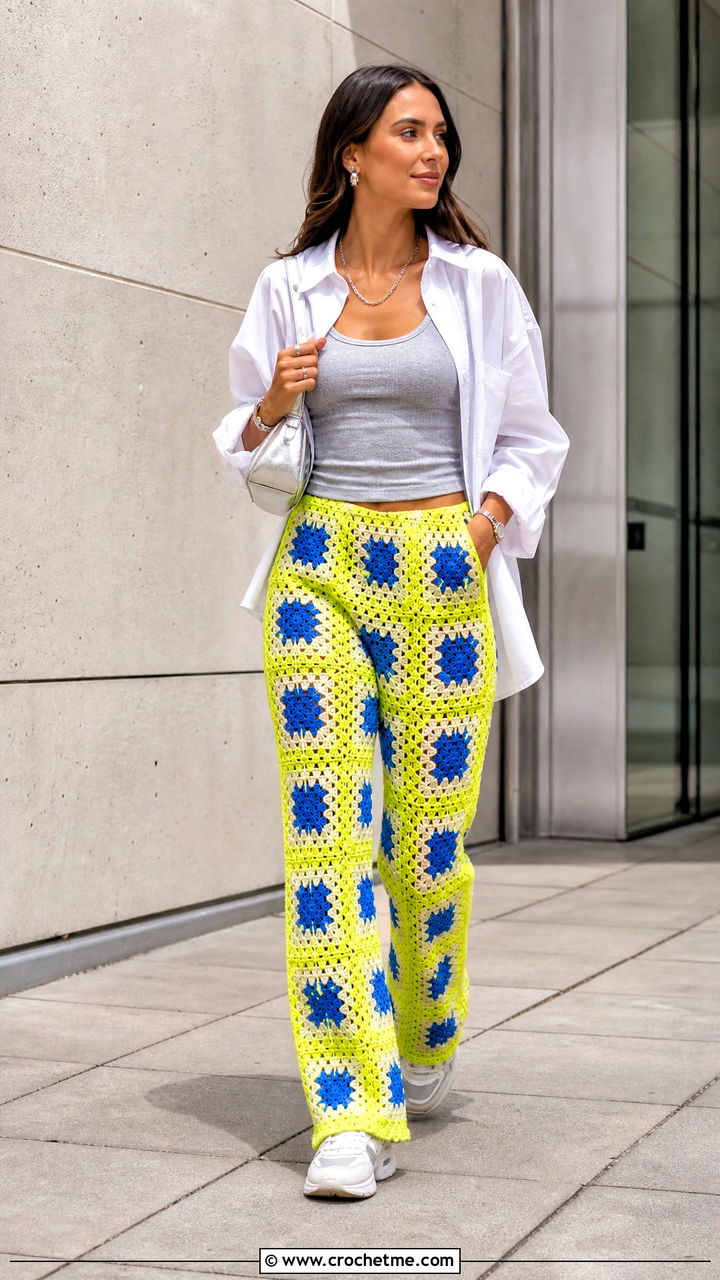 Neon Edge Granny Square Pants With Tank Top And Oversized White Shirt - 35 crochet granny square pants outfit ideas