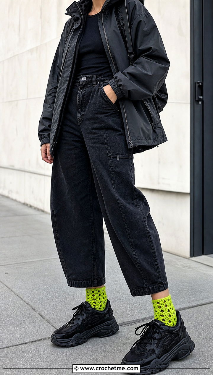Neon Granny Ankle Socks With Black Streetwear - 25 Crochet Granny Socks outfit ideas
