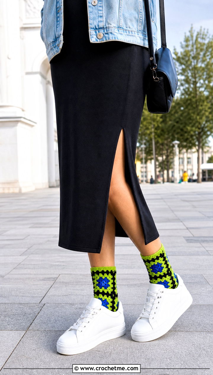 Neon Granny Square Ankle Socks With A Black Dress And White Sneakers - 35 crochet granny square socks outfit ideas