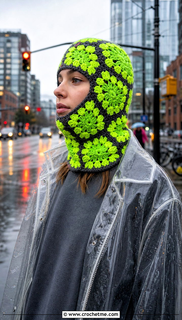 Neon Granny Square Balaclava With Raincoat - 30 crochet granny square balaclava outfit ideas