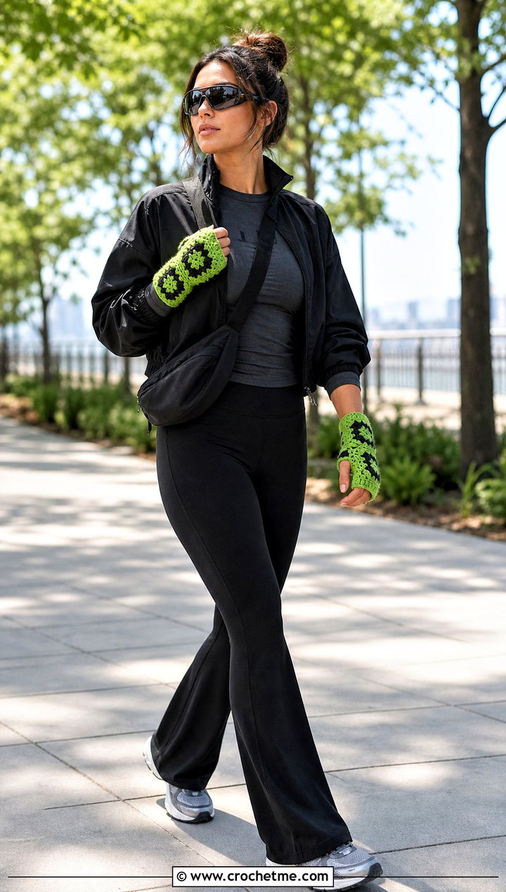 Neon Granny Square Fingerless Gloves With Athleisure Layers - 35 granny square fingerless gloves outfit ideas