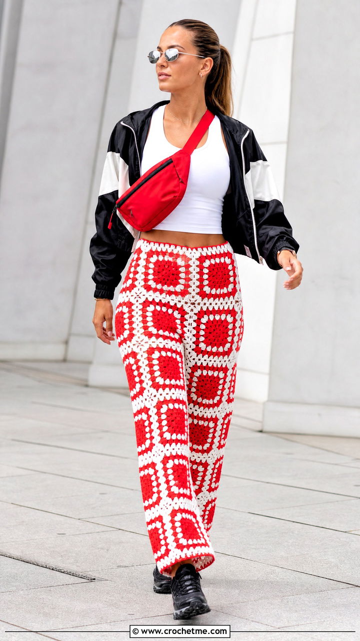 Neon Granny Square Pants With Windbreaker - 35 granny square pants outfit ideas