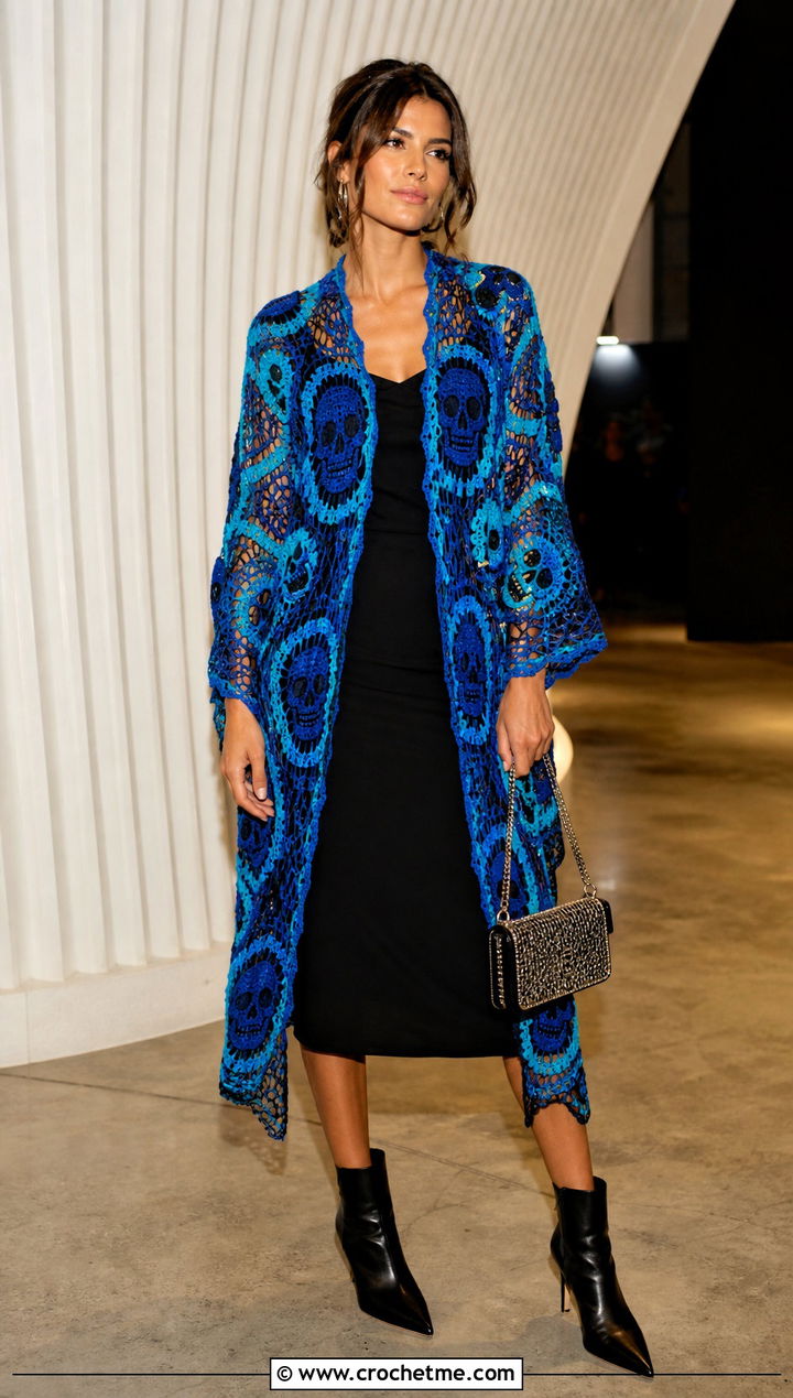 Neon Lost Souls Shawl With Black Midi Dress - 35 crochet lost souls shawl outfit ideas