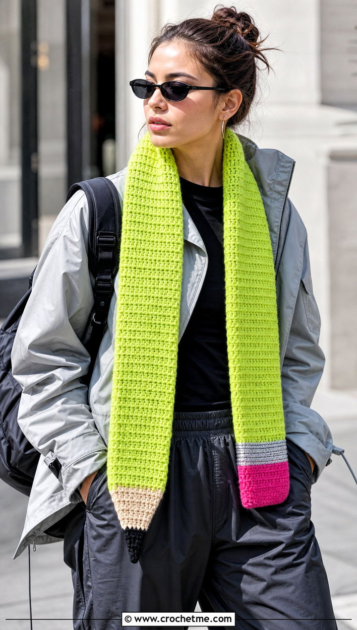 Neon Pencil Crochet Scarf With Track Pants - 30 Pencil Crochet Scarf outfit ideas