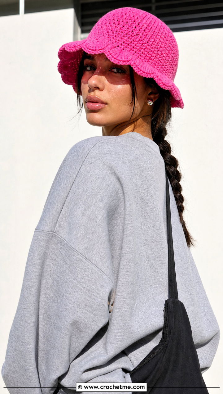 Neon Pink Scalloped Brim Bucket Hat With Sweatshirt And Biker Shorts - 15 pink crochet bucket hat outfit ideas