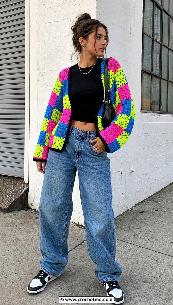 Neon Rainbow Checkerboard Cardigan With Baggy Jeans - 25 Rainbow Crochet Cardigan outfit ideas