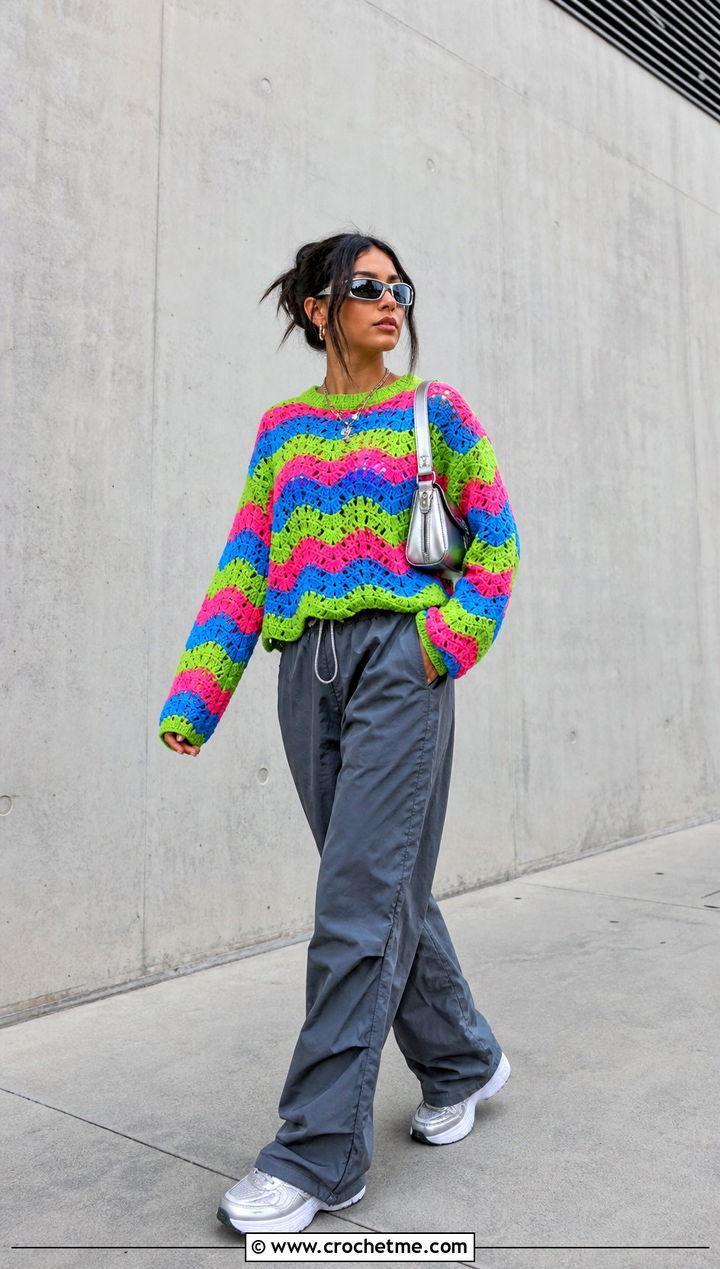 Neon Ripple Tom Daley Crochet Sweater With Parachute Pants - 25 tom daley crochet sweater outfit ideas