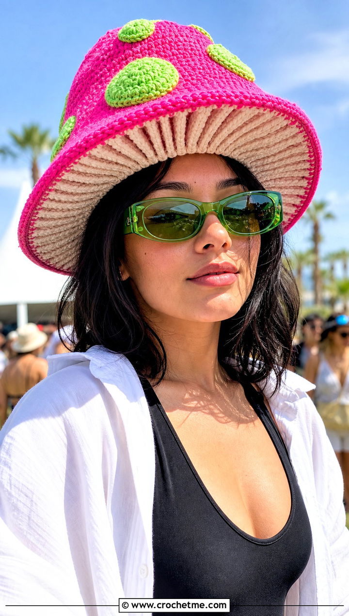 Neon Spotted Mushroom Crochet Hat With Festival Outfit - 25 mushroom crochet hat outfit ideas