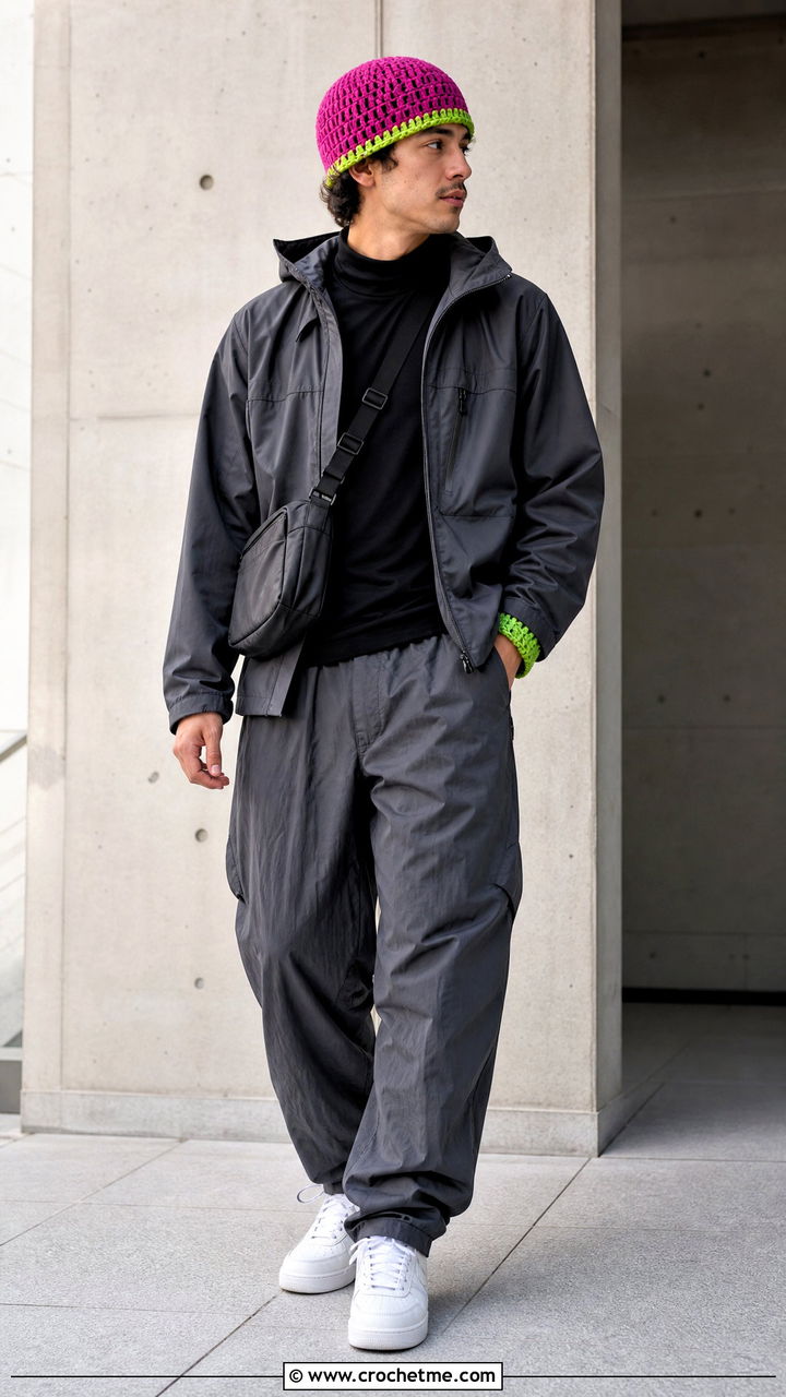 Neon Trim Crochet Fisherman Beanie With Tech Jacket - 35 crochet fisherman beanie outfit ideas