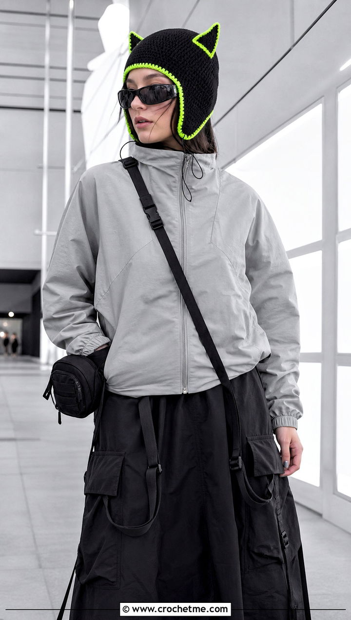 Neon Trim Finn Hat With Techwear Jacket And Cargo Skirt - 30 crochet adventure time finn hat outfit ideas