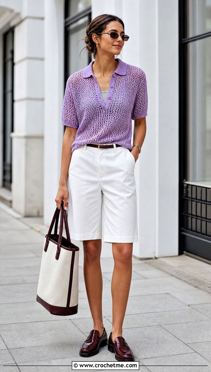 Net Crochet Polo Top With Bermuda Shorts - 30 Crochet Top With Holes outfit ideas