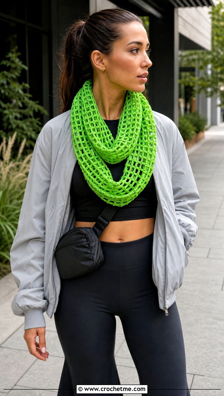 Net Stitch Openwork Crochet Scarf With Athleisure - 15 openwork crochet scarf outfit ideas
