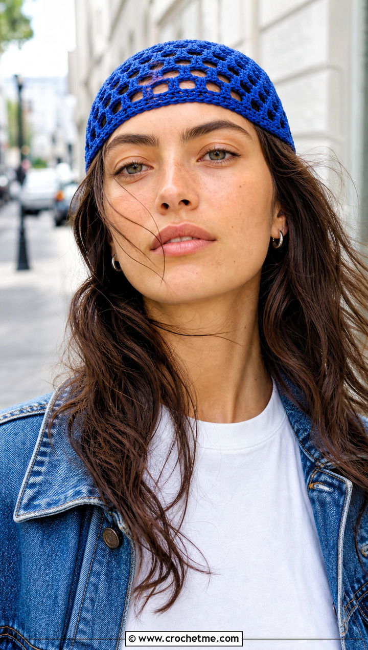 Netted Skull Cap With White Tee And Jeans - 25 crochet net hat outfit ideas