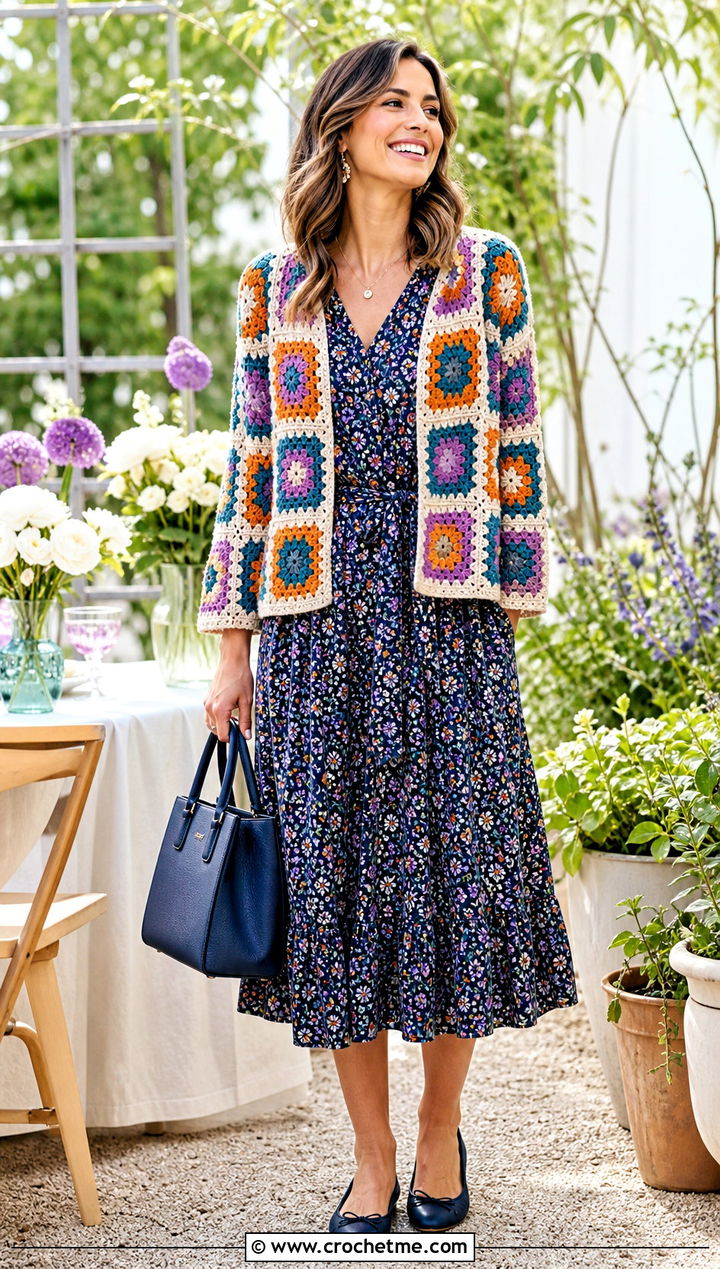 Neutral Border African Flower Granny Square Cardigan With Floral Dress - 30 african flower granny square cardigan outfit ideas
