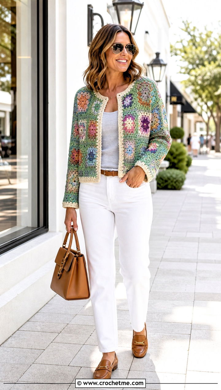 Neutral Border Square Jacket With White Jeans - 30 crochet square jacket outfit ideas