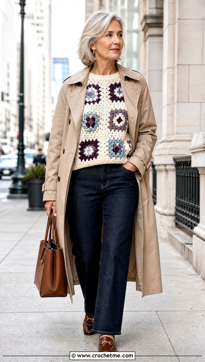 Neutral Granny Square Sweater With Trench Coat - 25 Granny Squares Sweater outfit ideas