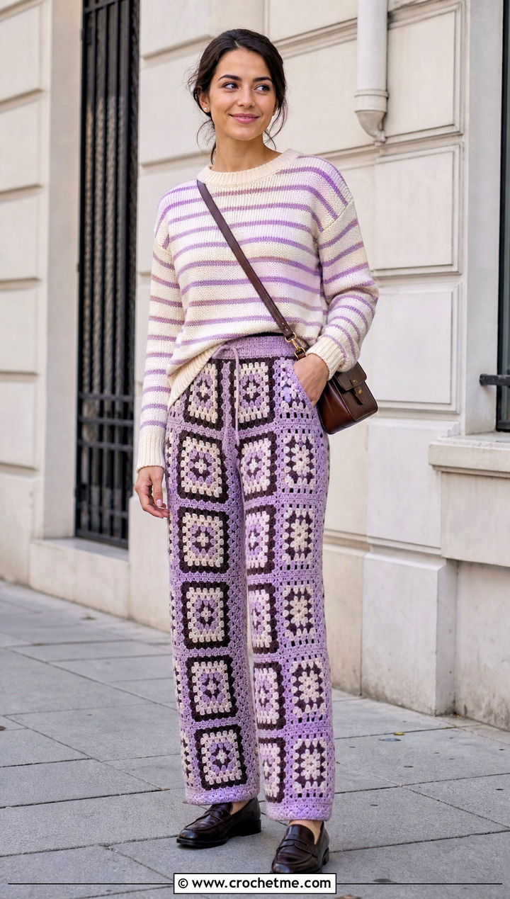 Neutral Trim Granny Square Trousers With Striped Sweater - 35 granny square trousers outfit ideas