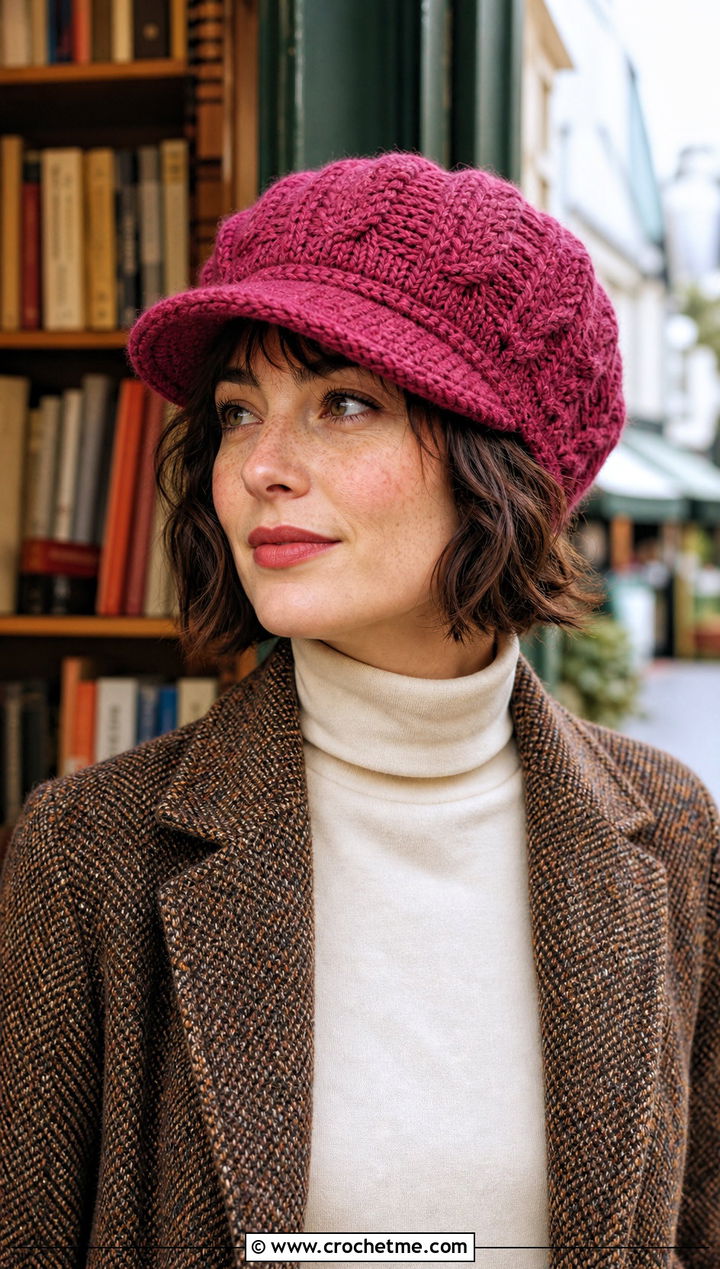 Newsboy Cable Stitch Cap With Tweed Blazer - 25 Crochet Cable Stitch Hat outfit ideas