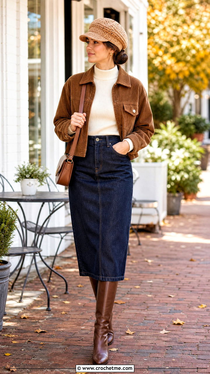 Newsboy Crochet Bun Hat With Denim Midi Skirt - 35 crochet bun hat outfit ideas
