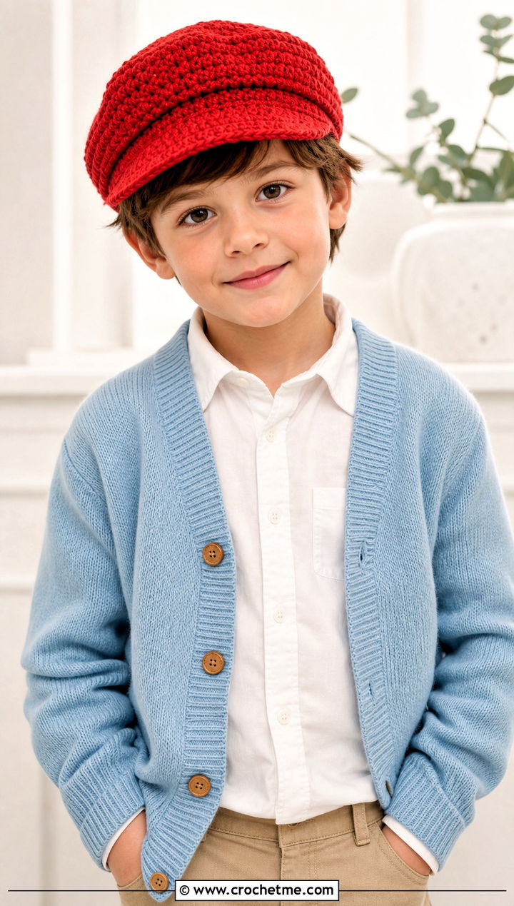 Newsboy Crochet Cap With Cardigan And Chinos - 15 Childs Crochet Hat outfit ideas