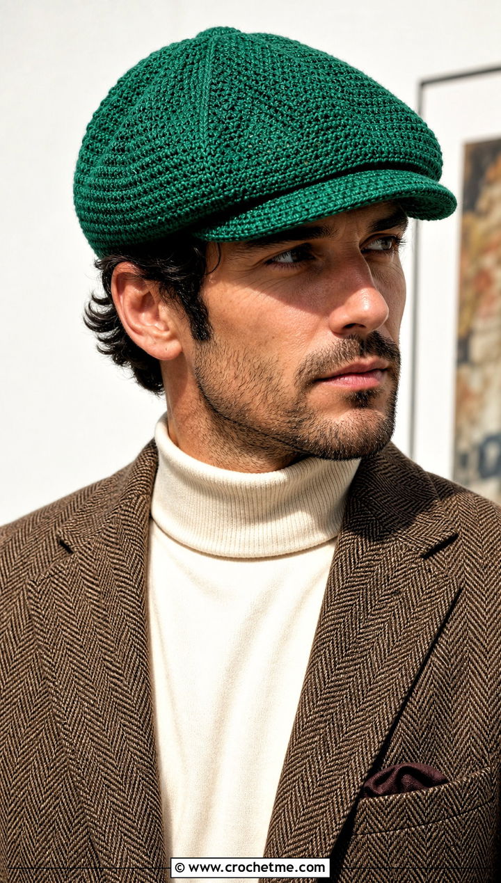 Newsboy Crochet Cap With Tweed Blazer - 25 mens winter crochet hats outfit ideas