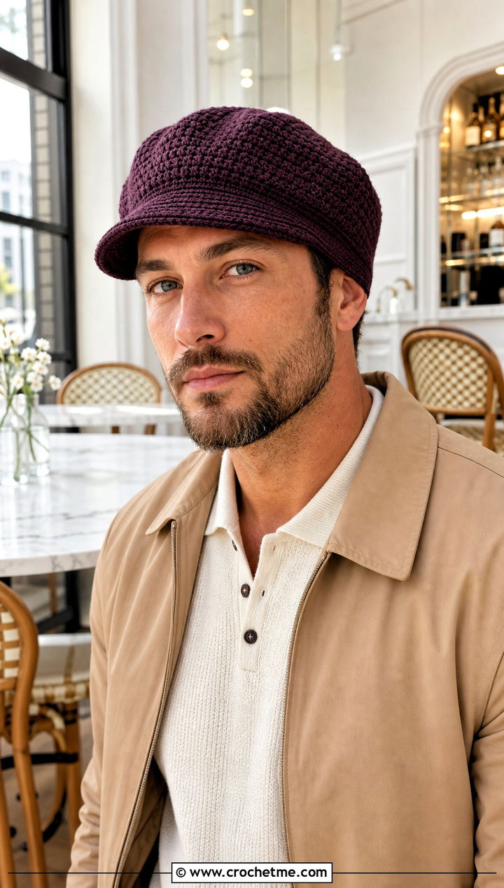 Newsboy Crochet Chemo Cap With Knit Polo - 25 Crochet Chemo Caps For Men outfit ideas