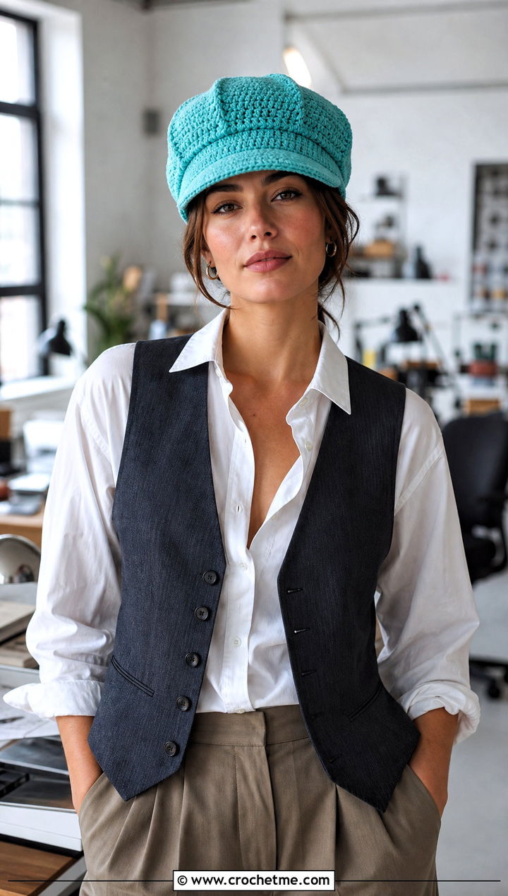 Newsboy Crochet Police Hat With Waistcoat And Pleated Trousers - 30 crochet police hat outfit ideas