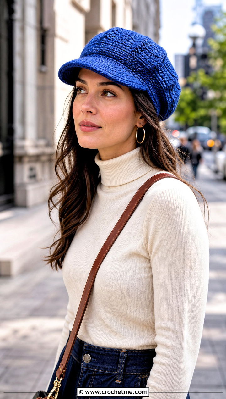 Newsboy Crochet Slouch Hat With Turtleneck And Wide Leg Jeans - 25 easy crochet slouch hat outfit ideas