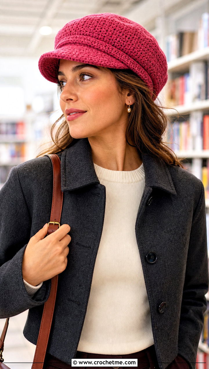 Newsboy Knit Look Crochet Hat With Pleated Skirt - 25 Knit Look Crochet Hat outfit ideas