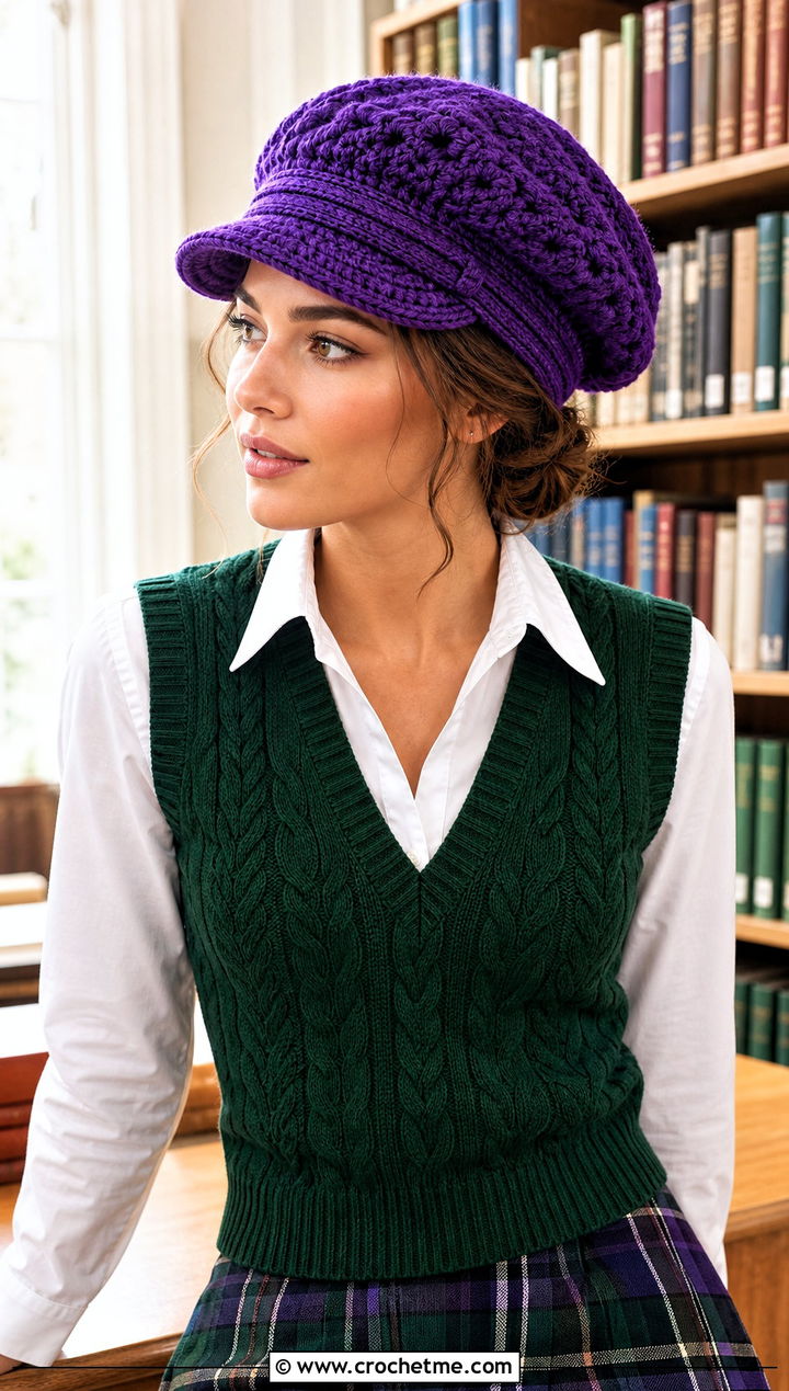 Newsboy Slouch Crochet Hat With Preppy Outfit - 30 slouch crochet hat outfit ideas