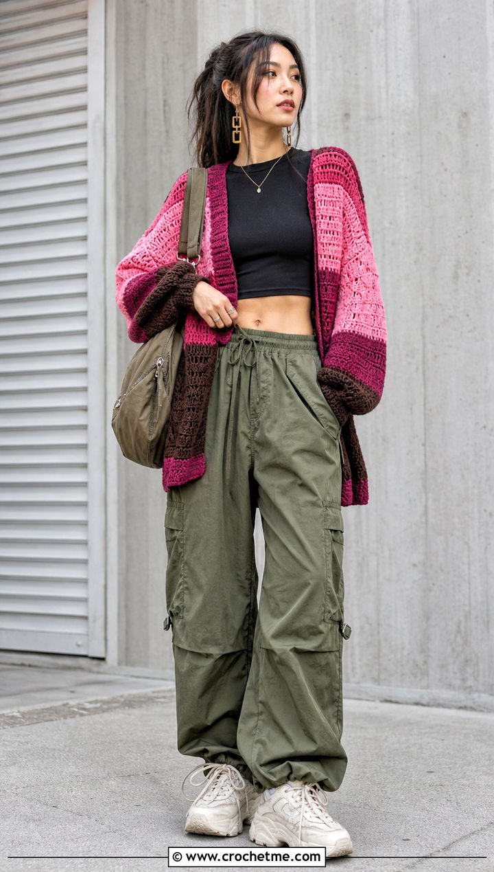 Nezuko Color Block Cardigan With Cargo Pants - 35 Demon Slayer Crochet Cardigan outfit ideas