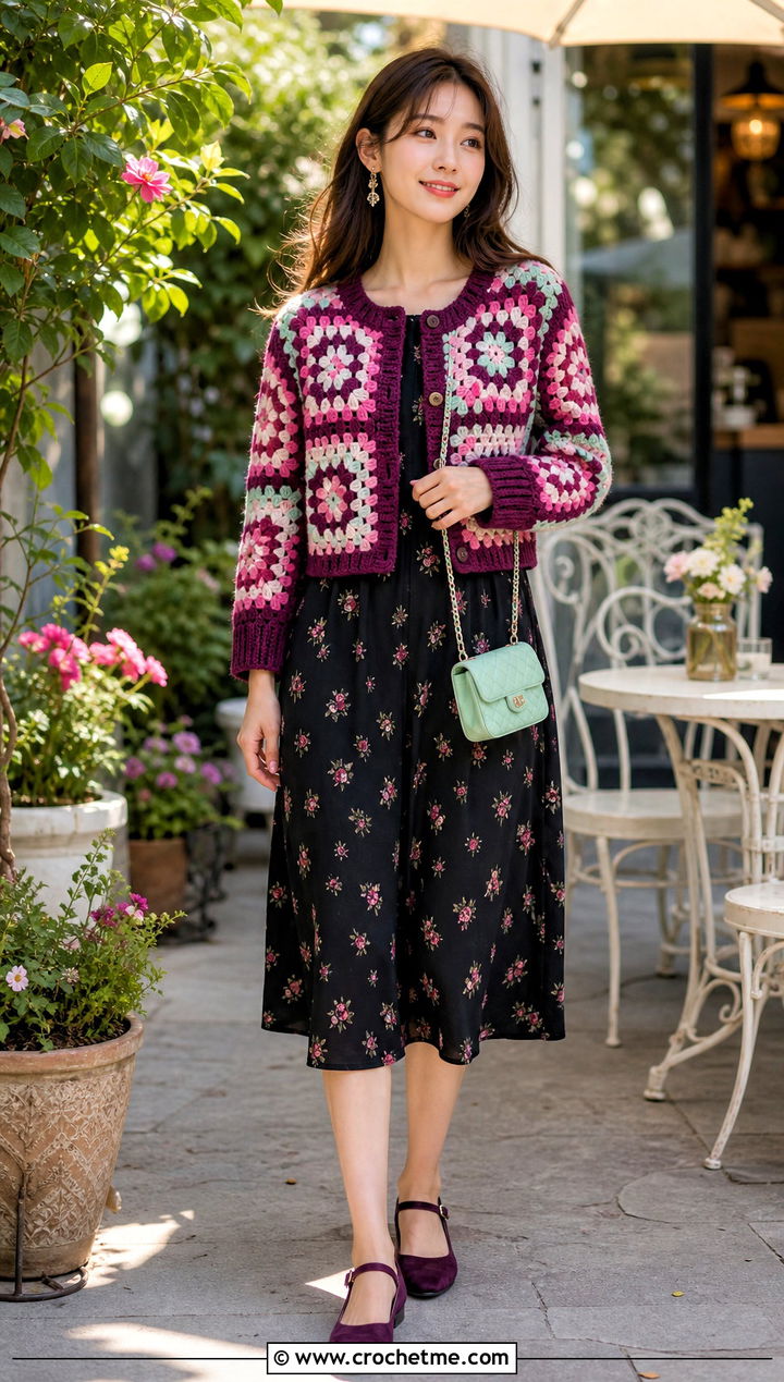 Nezuko Cropped Granny Cardigan With Floral Midi Dress - 35 Demon Slayer Crochet Cardigan outfit ideas