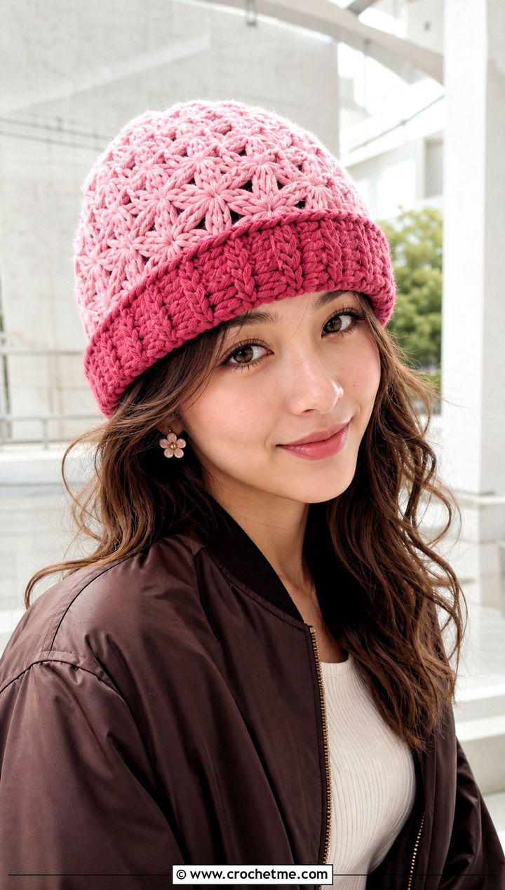 Nezuko Hemp Leaf Cuffed Beanie With Bomber Jacket - 25 Demon Slayer Crochet Hat outfit ideas