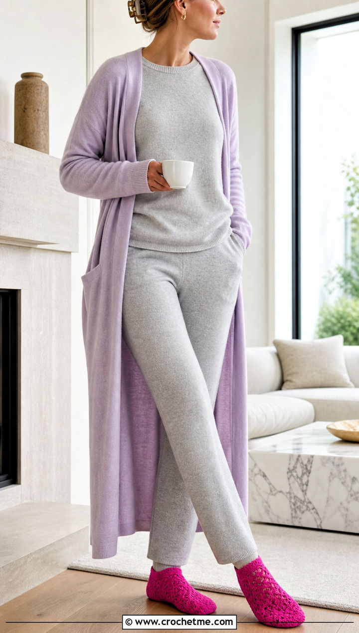 Non Slip Crochet Slipper Socks With Cashmere Lounge Set - 25 Crochet Slipper Socks outfit ideas