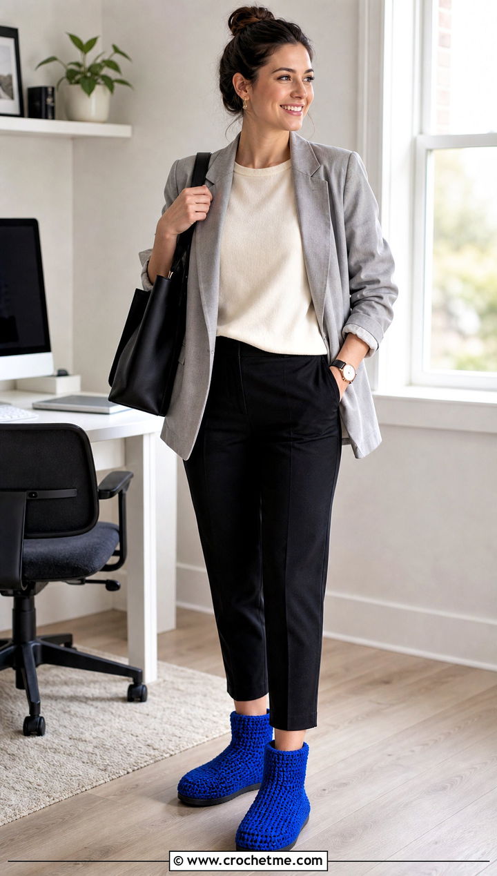 Nonslip Crochet Slipper Boots With Office Outfit - 35 crochet slipper boots outfit ideas