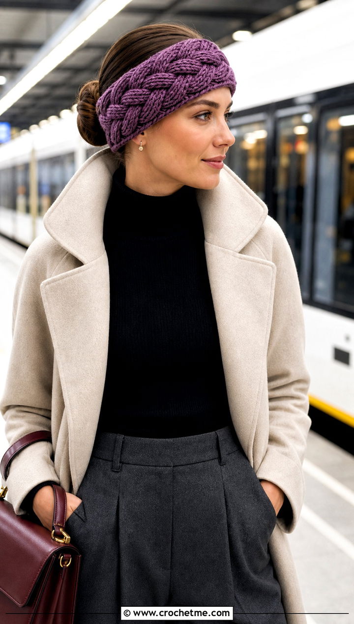 Nordic Braid Crochet Ear Warmer With Funnel Neck Coat - 30 crochet ear warmer headband outfit ideas