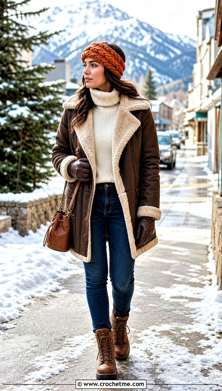 Nordic Braid Crochet Headband With Shearling Coat - 35 crochet winter headband outfit ideas